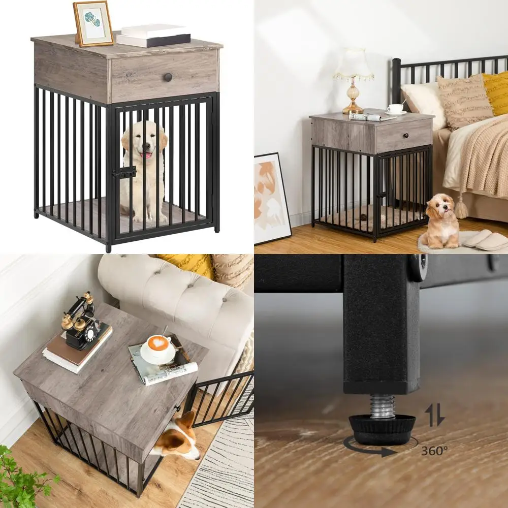 

Wooden Dog House with Drawer, Decorative Indoor Pet Crate End Table, Small Dog Kennel Furniture, Steel Frame, Stylish and Functi