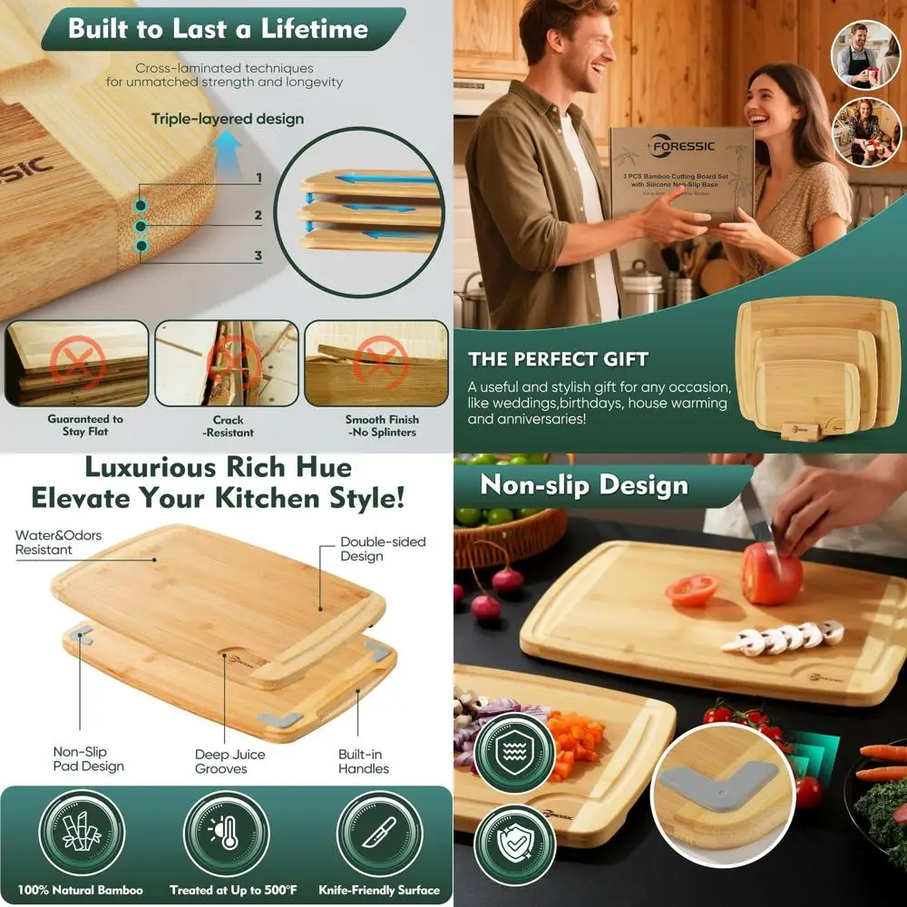 

Tri-Set Bamboo Cutting Boards with Anti-Slip Base and Holder, Thick & Durable for Kitchen Use, Great for Chopping Vegetables and