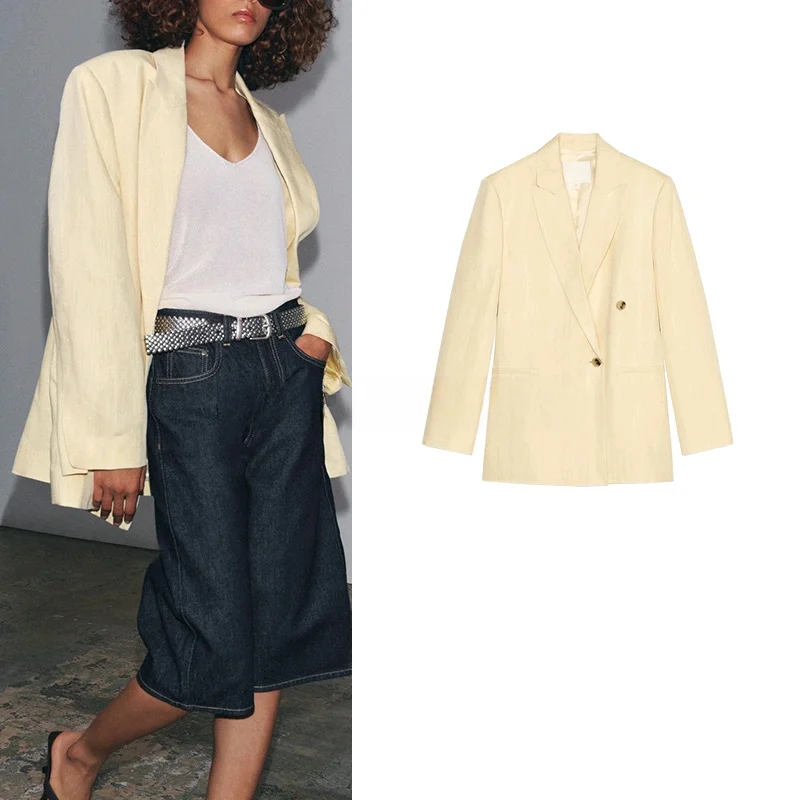 

Новая летняя женская куртка-пиджак с длинным рукавом, отложным воротником, двубортная, простая, качественная, для офиса, из полиэфирного волокна, для повседневной носки