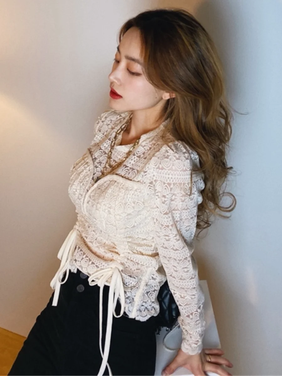 Semi-Transparent Long Sleeve Lace Shirt with Drawstring  Knot Hollow out Design Base Layer Ruffle Trim Korean Style ...
