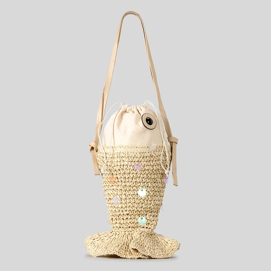 

Ceative Sequins Fish Shaped Straw Women Shoulder Bags Paper Woven Crossbody Bag Funnuy Cute Summer Beach Bag Small Female Purses