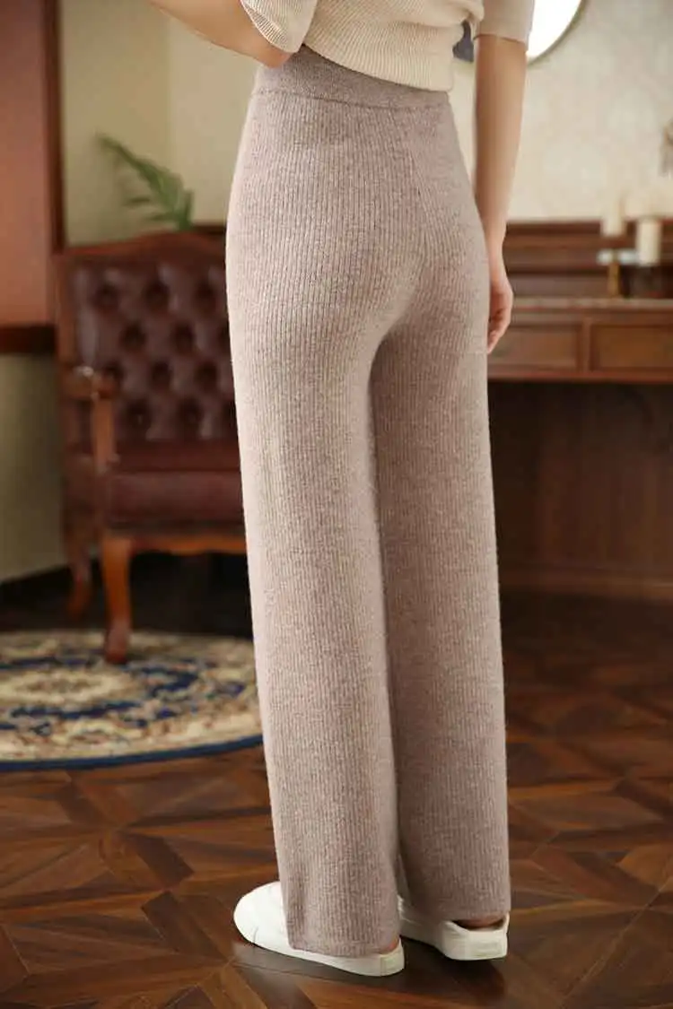 Fengbaoyu Autumn Winter Ladies 100% Pure Cashmere Pants High Waist Vertical Library Loose and Thin Wearing Black Wide-leg Pants