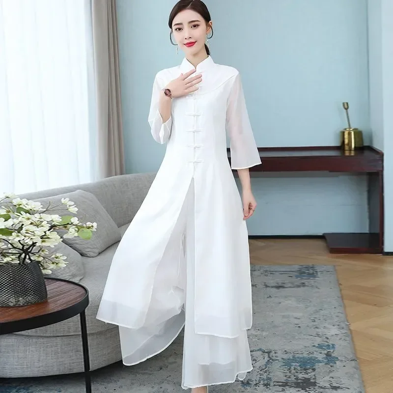 Women Traditional Style Wide Leg Pants Sheer Fabric Layered Design White Elegant Casual Daily Wear Long Trousers