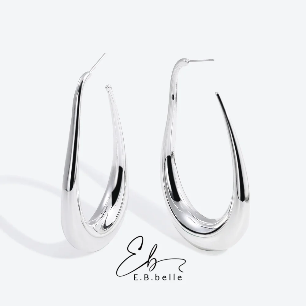 E.B.belle Stainless Steel Sliver Plated Curve Hook Earring Non Tarnish Waterproof Trendy Jewelry Earring for Women Gift