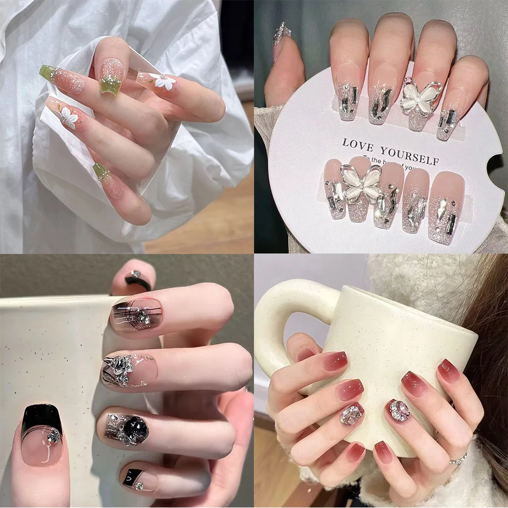 

10pcs Hand-painted Floral Design Press-on Nails Butterfly Charm & Rhinestone Fake Nails Burgundy Red Color Artificial Nail Tips