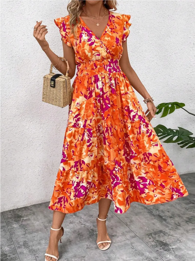 2025 verão novo vestido de ombro sem mangas feminino estilo boêmio cintura elástica plissado camadas torcidas