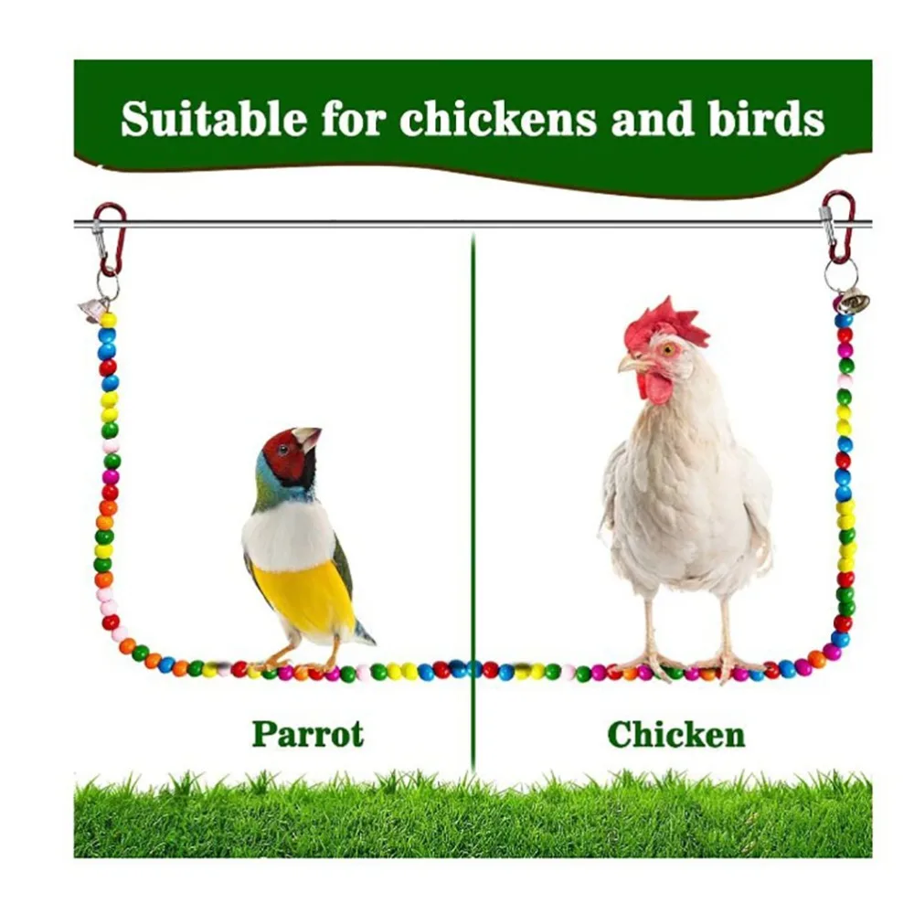 Handmade Wood Chicken Perch Stand Colorful Bead Bars Metal Chain & Hooks Chicken Swing Flexible Curved Shape