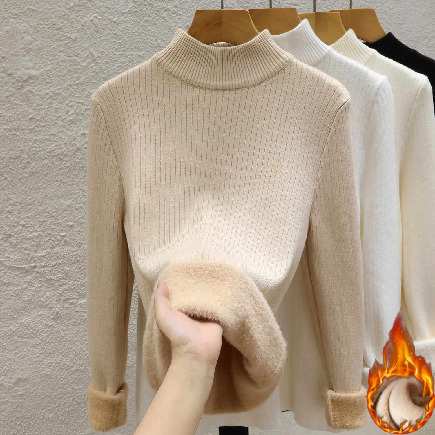 Thick Turtleneck Sweater Women Slim Thicken Plush Velvet Lined Knit Jumper Korean Style Simple Base Layer Tops Women Pullover