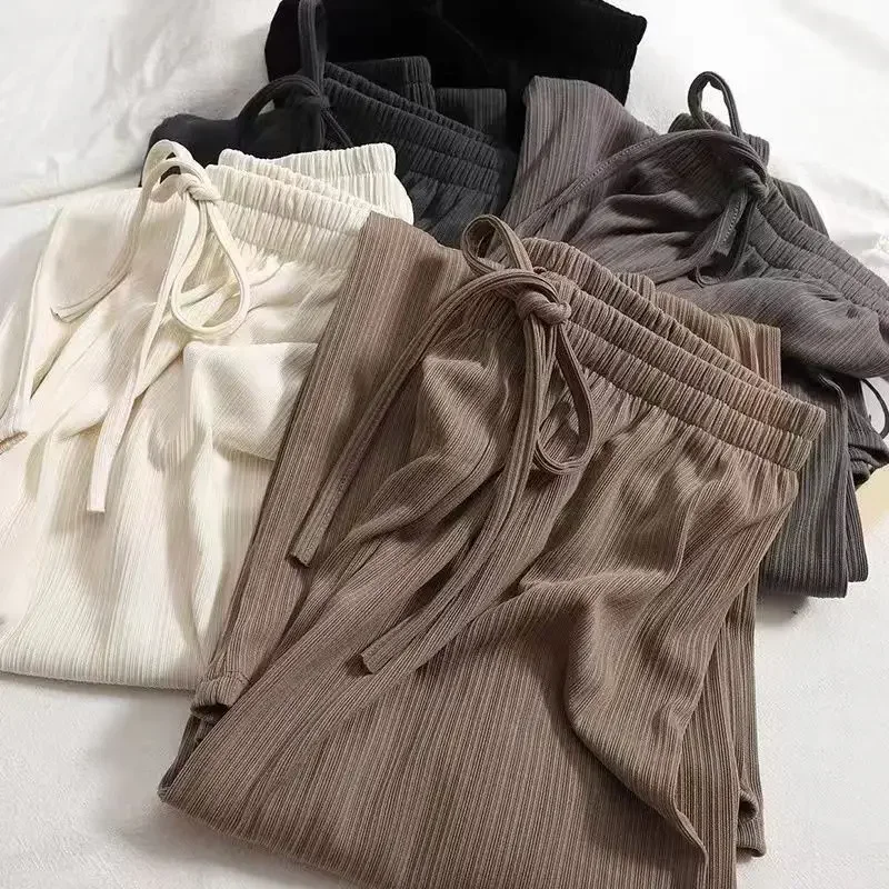 Summer Ice Silk Wide Leg Pants Women Fashion High Waist Loose Straight Trousers Harajuku Korean All Match Casual Pants New