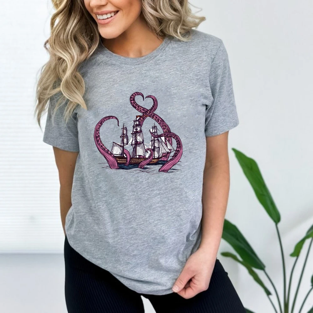 

Funny Octopus attacks sailing boat T-shirt Man and Woman Vacation Outfit Seaside Cute Summe Tee Ocean Vacay Summer Vacation Gift