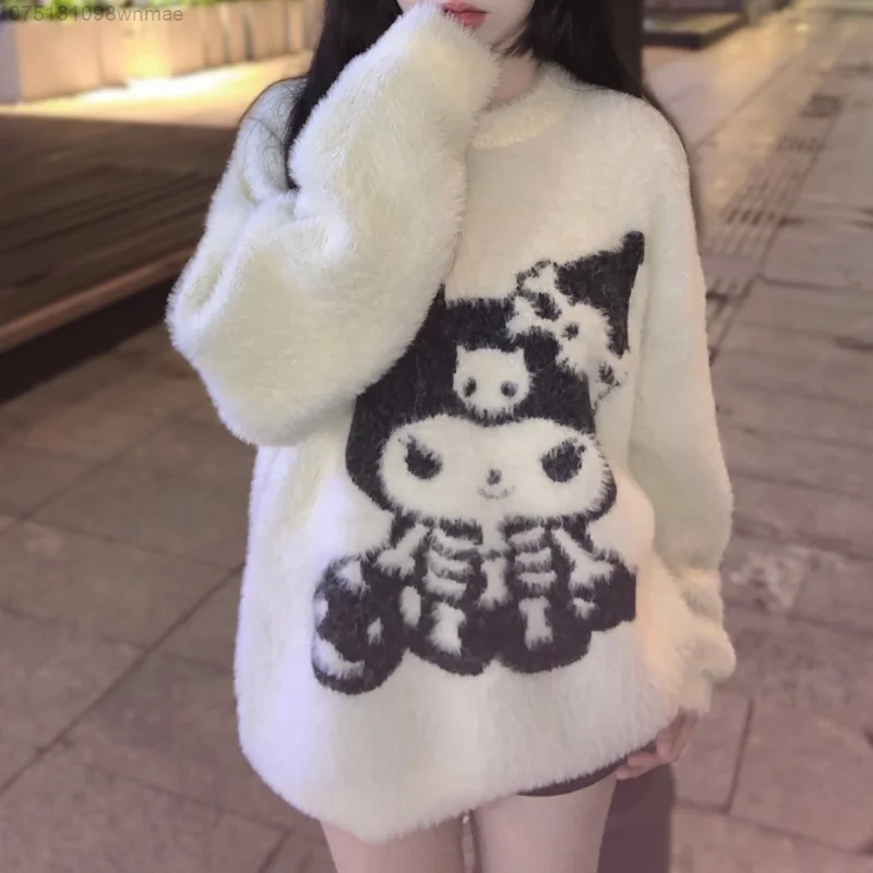 Men and Women\'s Halloween Skeleton Kuromi Knitted Fleece Pullovers, Y2k Goth Jacquard Sweater, Cute Loose Knitwear, Sanrio