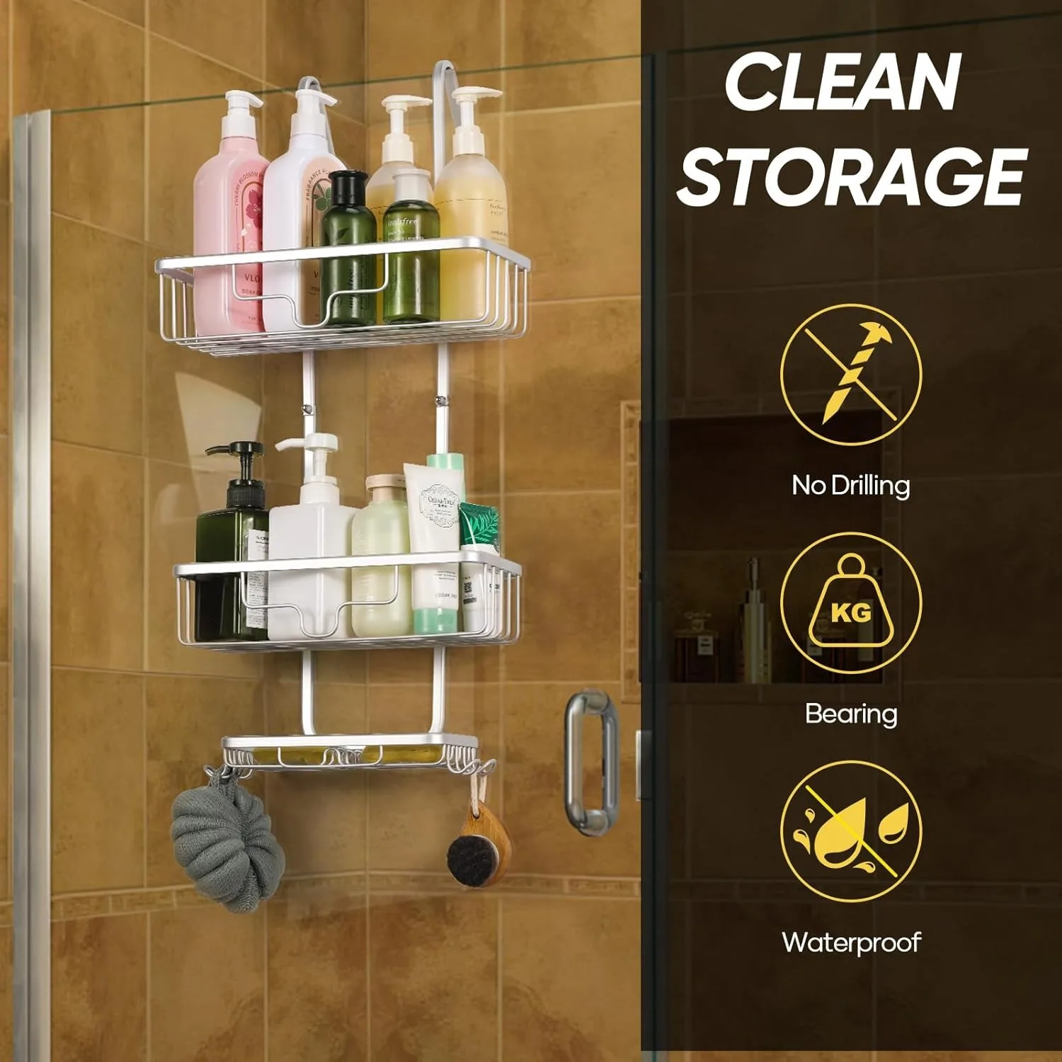 Drill-Free Shower Caddy Over Door 3-Tier, Aluminum Hanging Shelf with Multi-Hooks Soap Holder, Bathroom Spa Organizer Silver