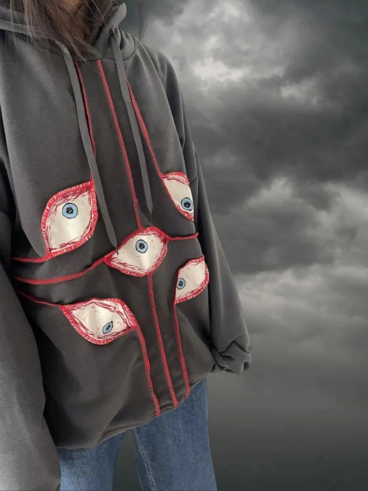 

Harajuku Devi Eye Patchwork Hoodie Womens American Retro Street Y2k Sweater Gothic Punk Streetwear Loose Hoodie