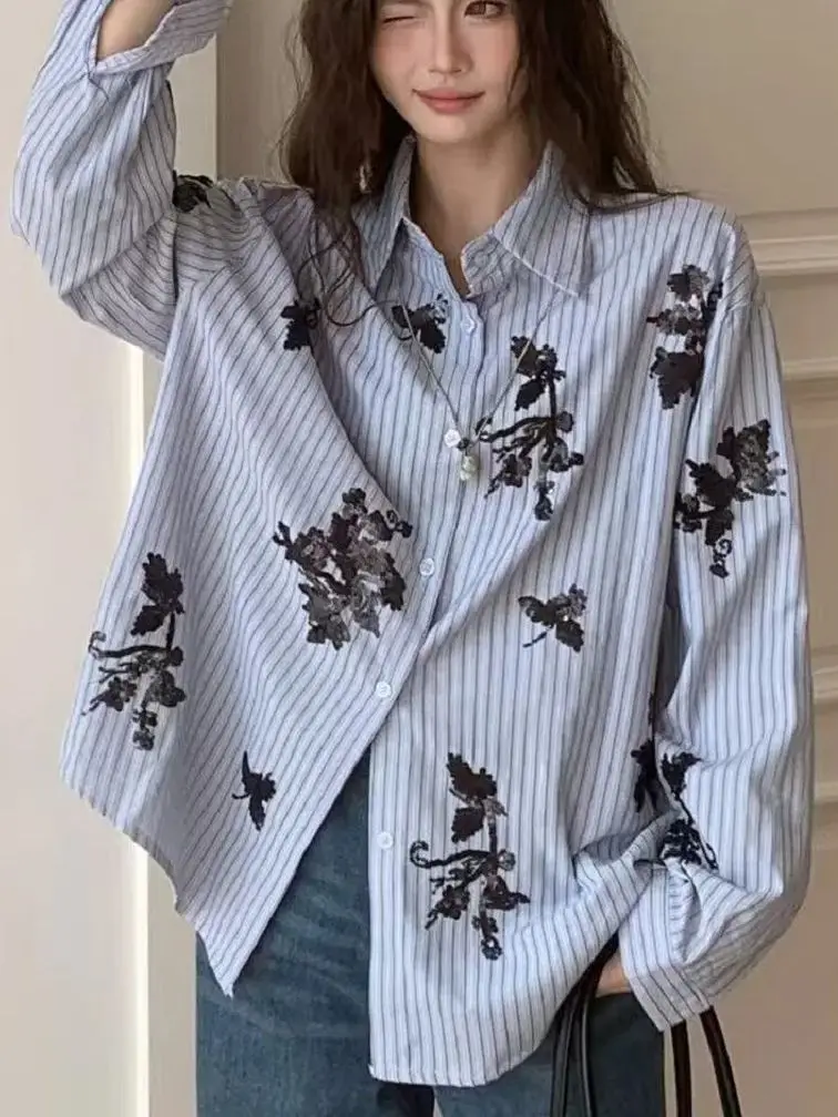 

Luxury Sequins Embroidery Autumn New Fashion Lapel Collar Long Sleeve Shirts Blouses for Women Button Loose Casual Stripe Shirt