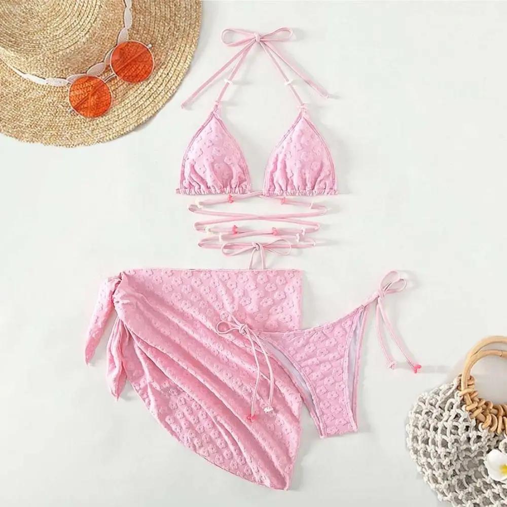 Floral 3 Pcs Swimsuits Bikinis Set Cross Bathing Suit Flower Knot Triangle Bikini Set Split Lingerie Lace Tied Up Swimwear Set