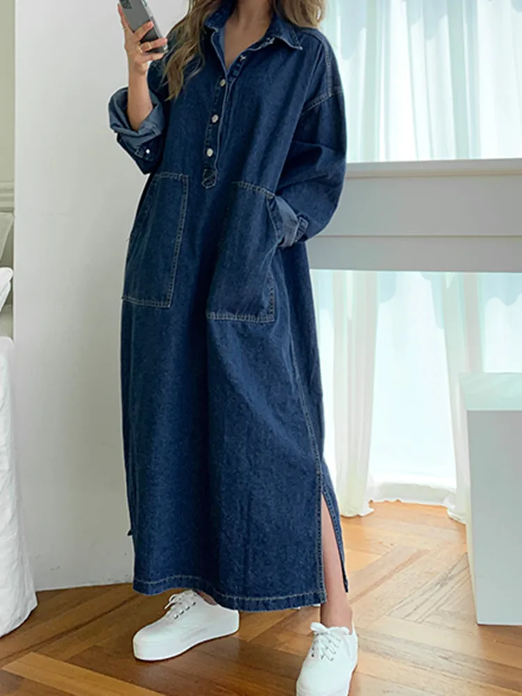 Vestido Denim Coreano com Cordão Solto Feminino, Vestidos Chiques Divididos, Vestidos Elegantes de Bolso Azul