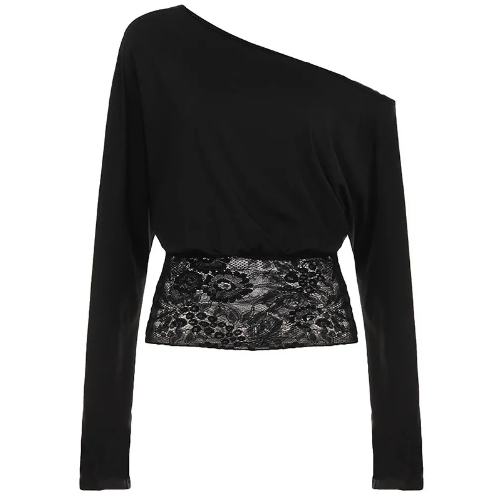 Off-Shoulder Lace Patchwork Top Waist-Defining See Through Fabric See Through Top Irregular Long Sleeve Lace Blouse