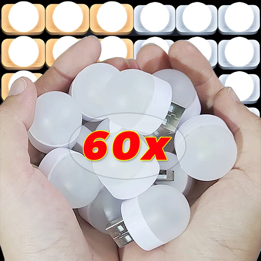 60/1Pcs Mini USB Night Light Bulbs Warm White Eye Protection Book Reading Light USB Plug PC Mobile Power Charging LED Light Lamp