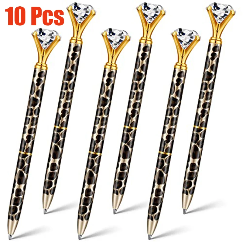 

10Pcs Luxury Leopard Print Diamond Pen – Elegant Crystal Gold Top Smooth Writing Ballpoint Pens