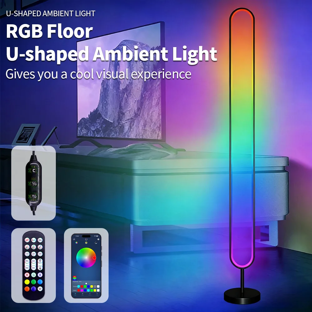 U-shaped Corner Sound-Activated Ambient Light Living Room Bedroom Fill Light RGB Aluminum LED Floor Lamp Night Light Table Lamp