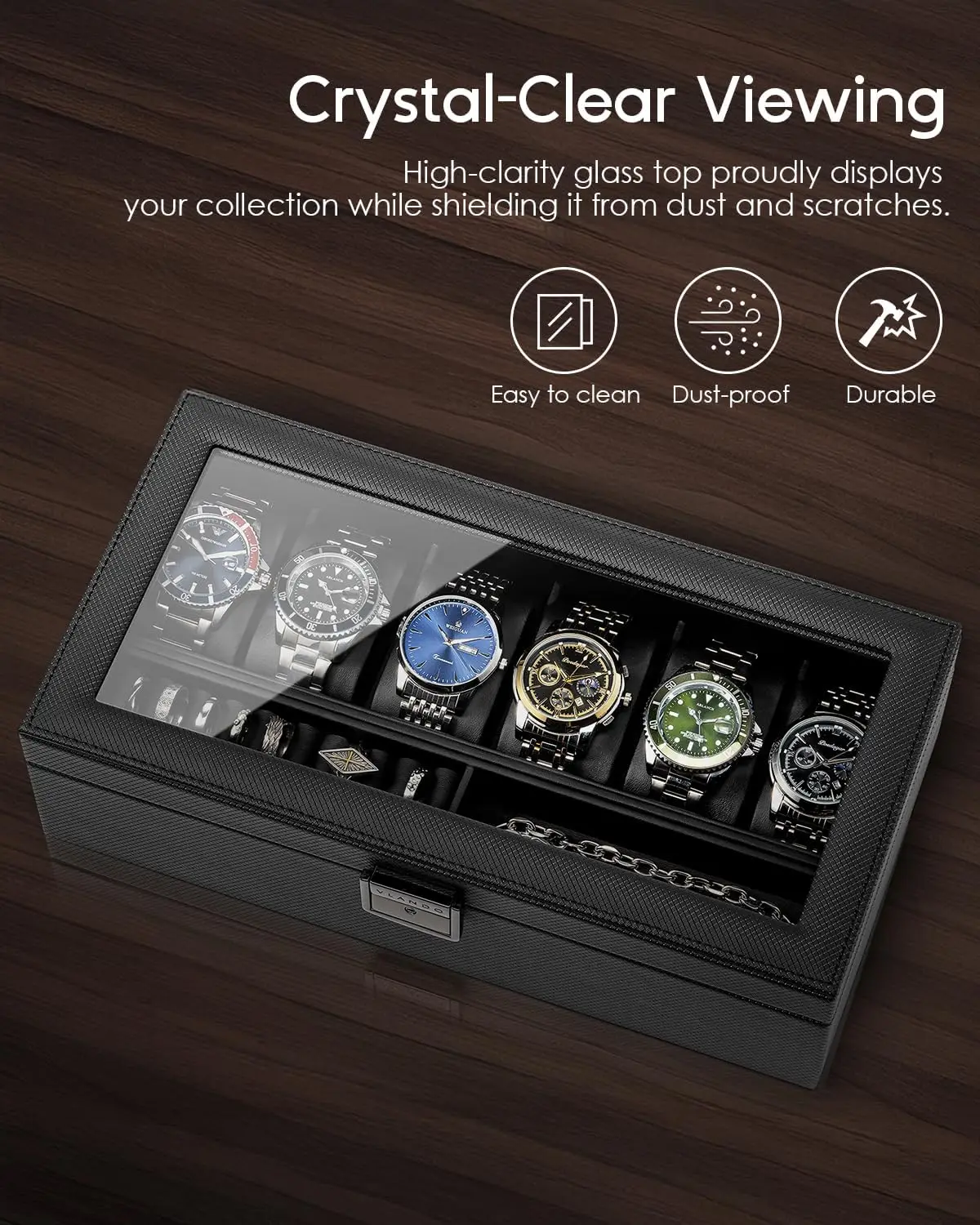 6-Slot Watch Case for Men, Glass Lid Storage Box, Leather Organizer with Soft Pillow, Gift for Dad, Black