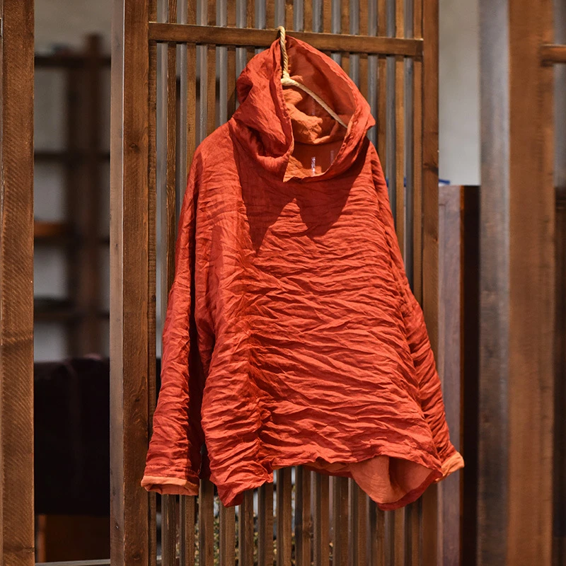 

100% Linen Women Long Sleeve Hooded T-shirts New 2025 Spring Vintage Style Solid Color Loose Female Casual Tops Tees T486