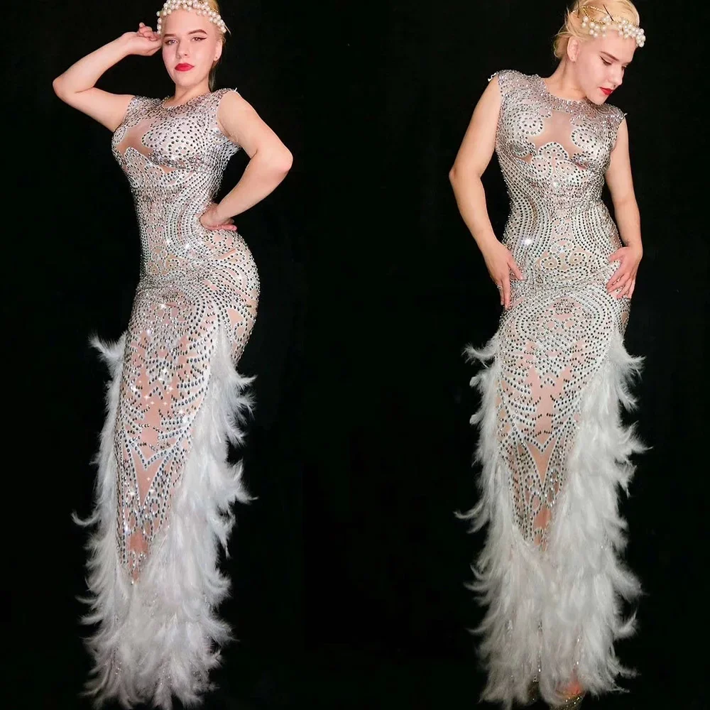 Vrouwen glanzende diamanten witte verenjurken doorzichtige zeemeermin verjaardag prom bodycon nachtclubkostuums