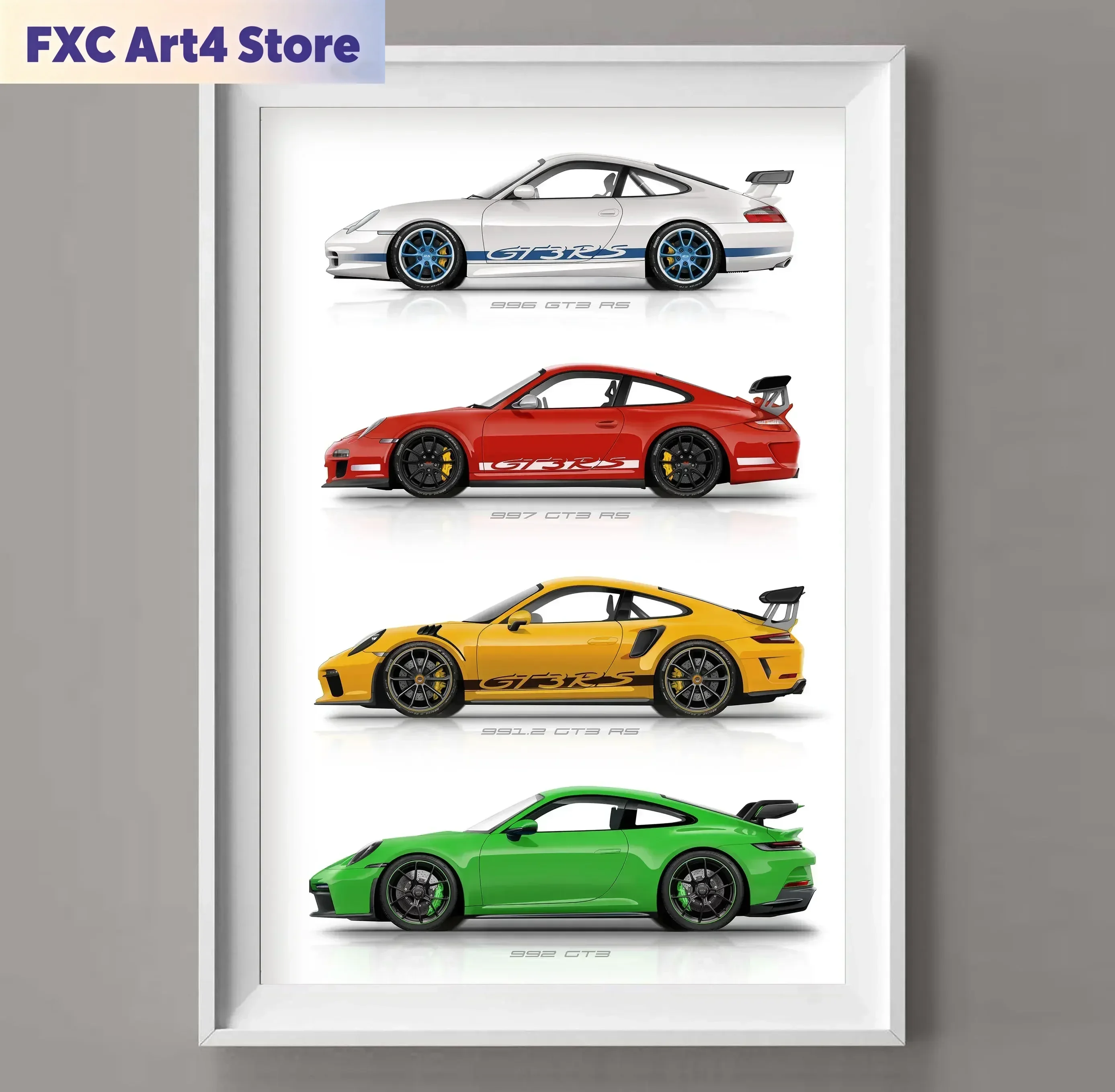Rahmenloses 911 GT3 Mehrfarbiges Supercar-Generation-Poster Leinwanddruck Gemälde Heimdekoration Wandkunst Geschenk für Autoliebhaber