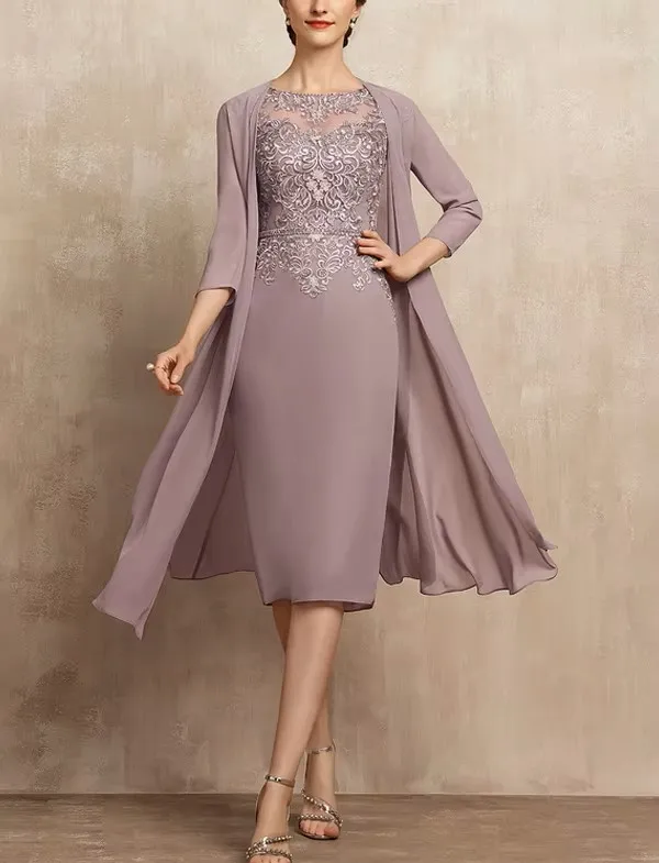 Elegant Short Mother of The Bride Dress with Chiffon Jacket Long Sleeve Scoop Beads Lace Appliques Wedding Guest Gown Party Gown