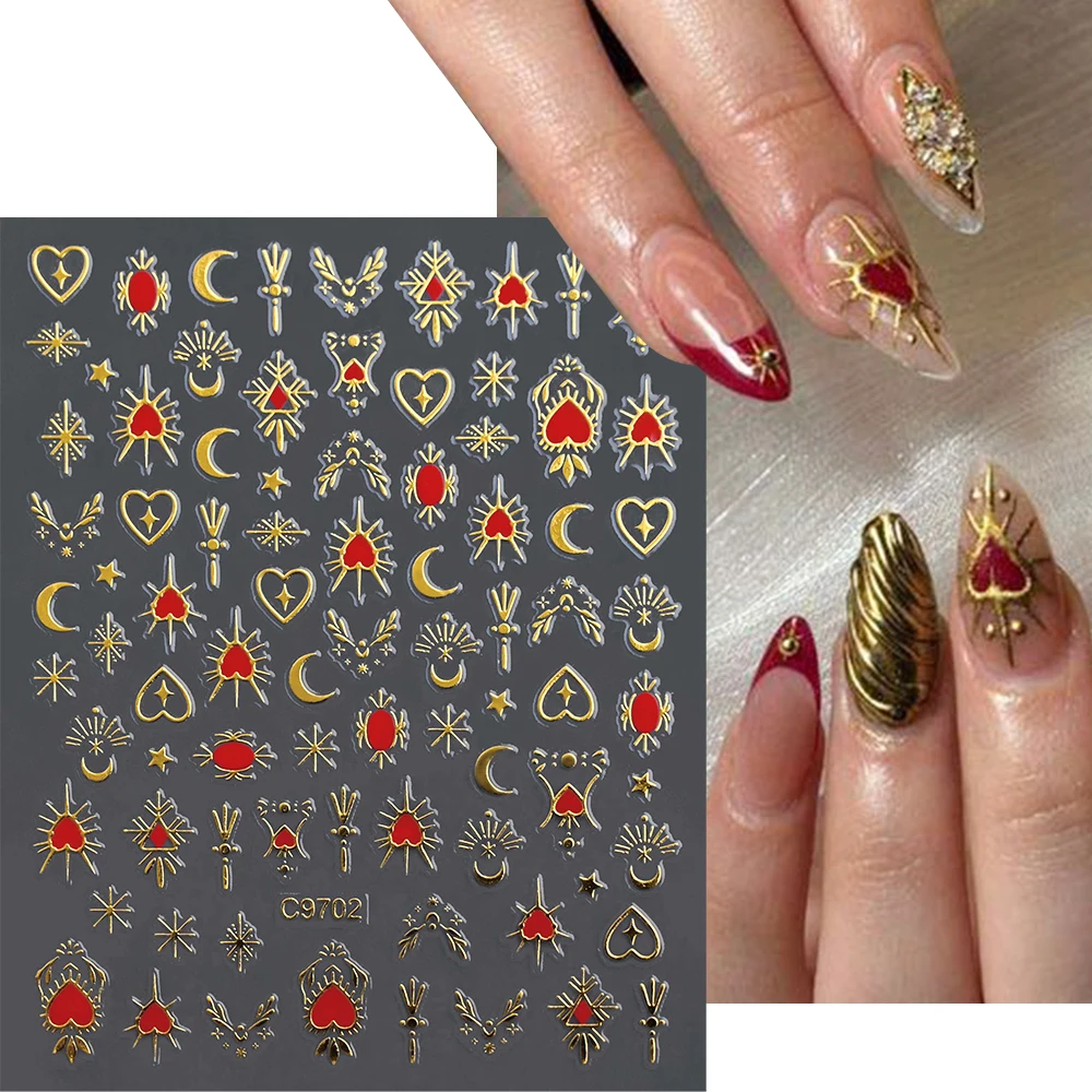 3D Gold Metallic Gem Love Heart Nail Stickers Stars Moon Nail Art Stickers Adhesive Sliders DIY Manicure Decoration Nail Decals