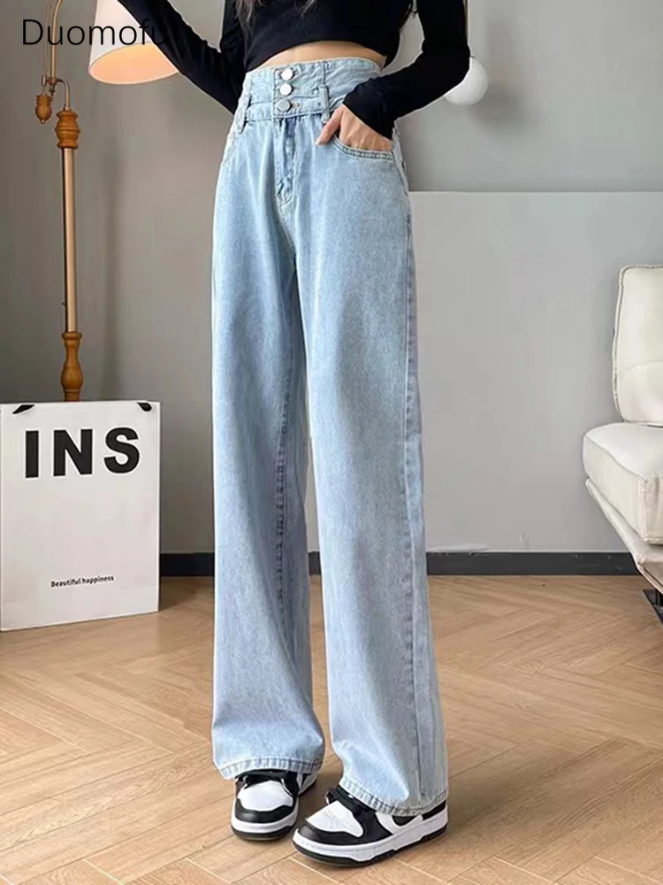 Duomofu Ins High Waist Slim Chic Button Female Jeans Summer Street Full Length Simple Casual Fashion Loose Straight Women Jeans