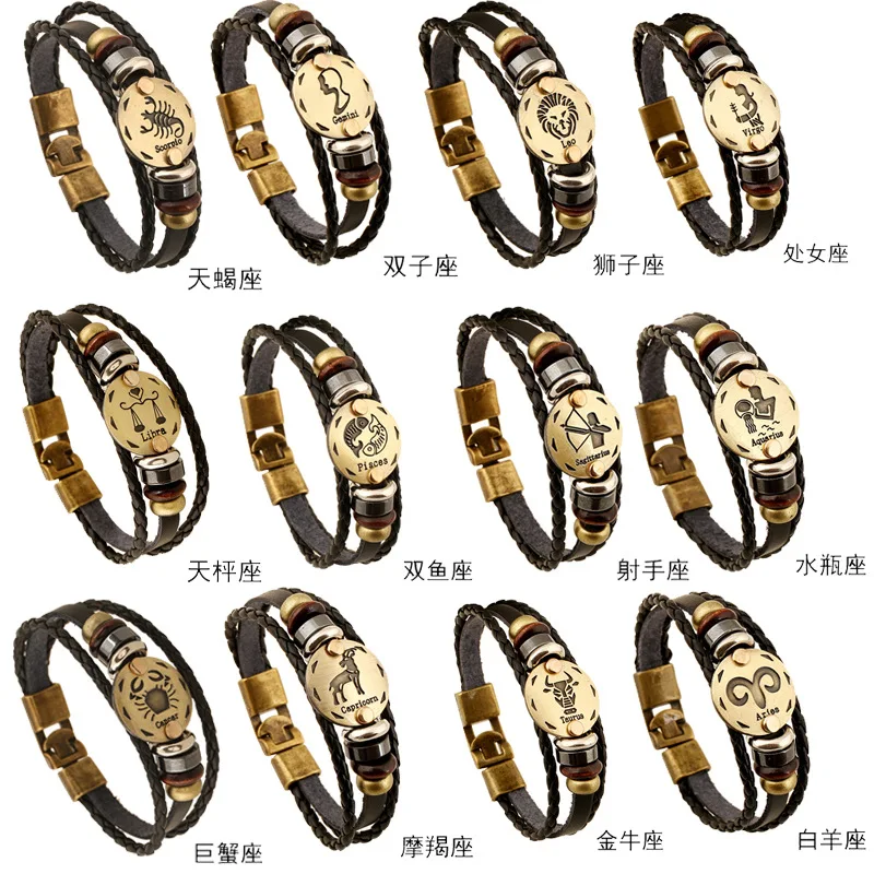 Twelve Constellations Cowhide Leather Bracelets Multi-layer Bayan Bileklik Vintage Knit Lover Mens Jewellery Bizuteria