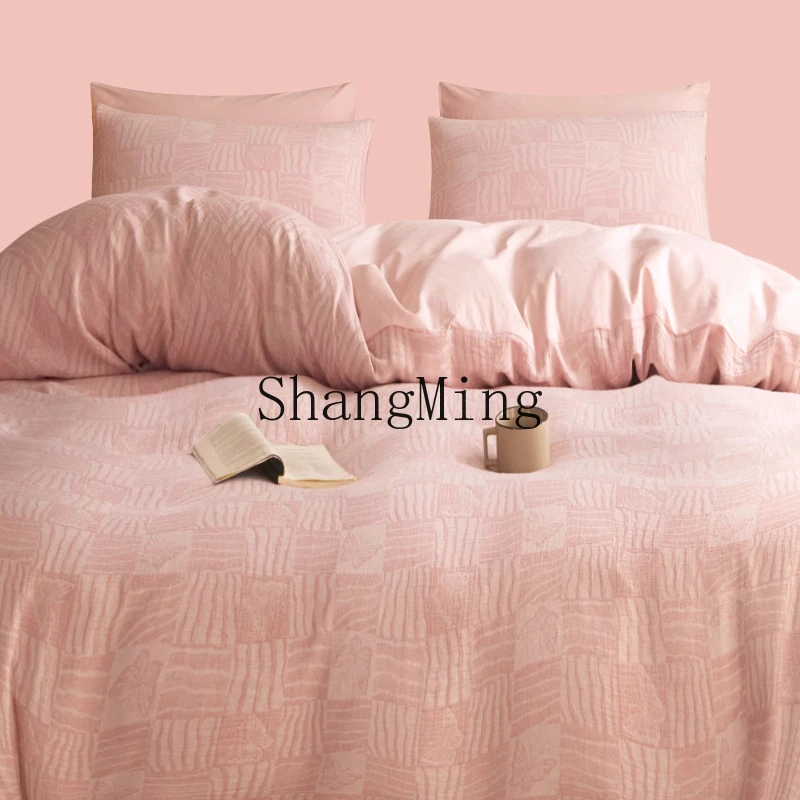 

ZYY cotton four-piece set girl-colored woven jacquard plaid butterfly three-layer yarn quilt cover sheet
