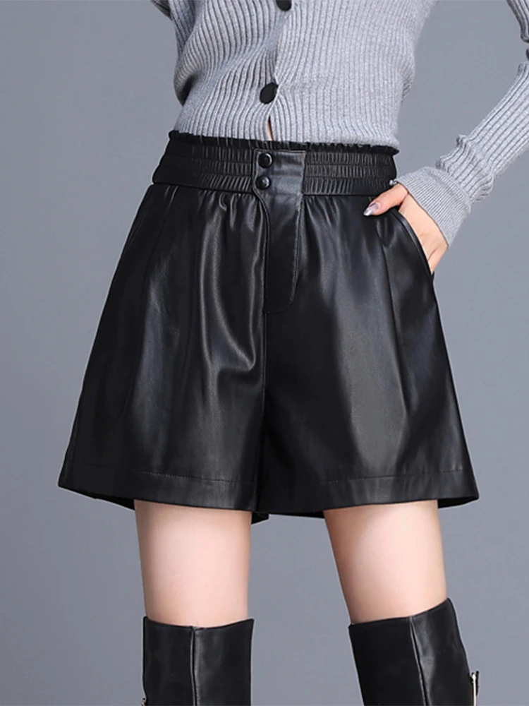 

Women Elastic Waist Wide Leg Shorts With Pocket Autumn and Winter New Fashion High Waist Loose Versatile Leather Pants