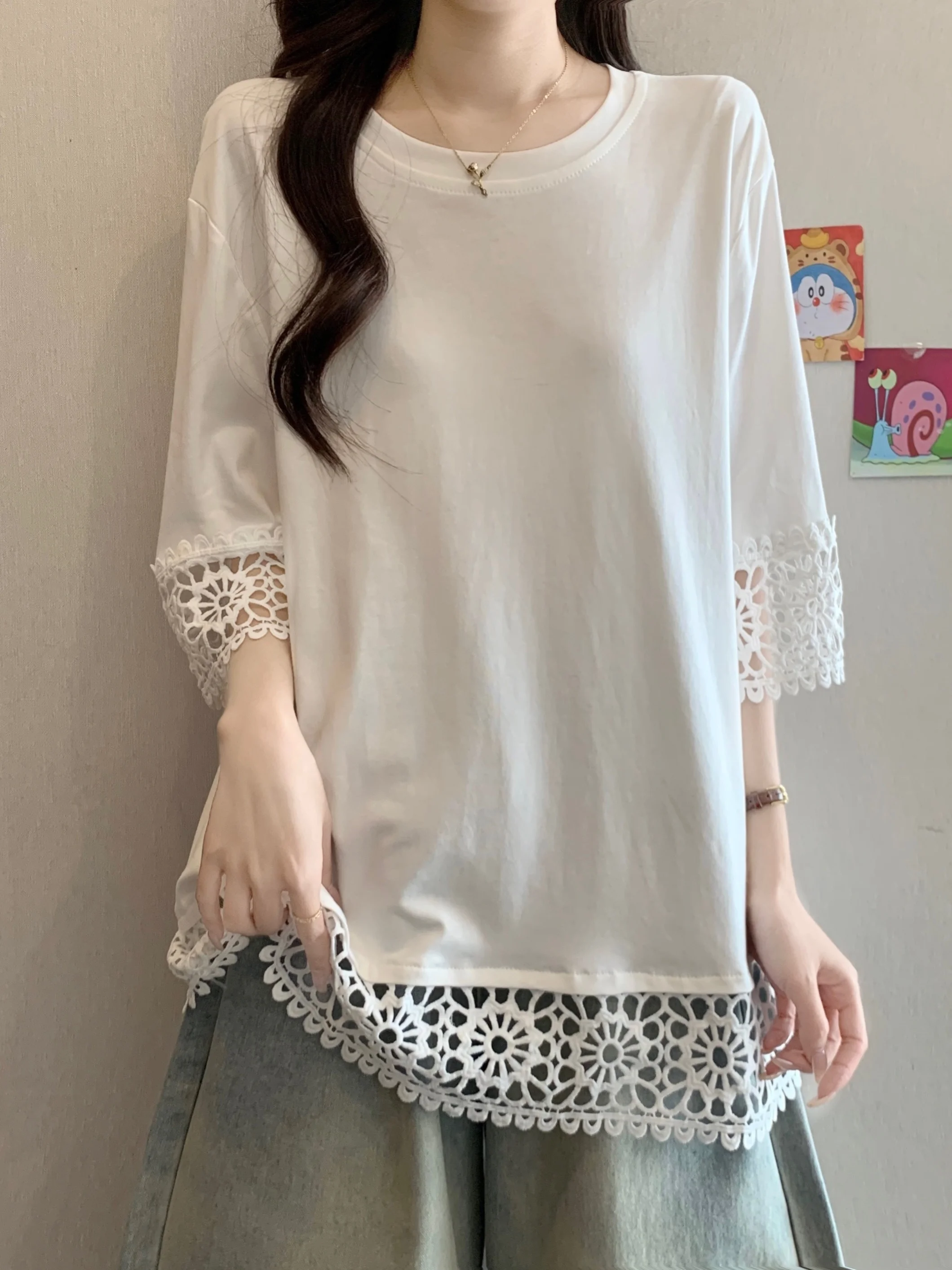 Lace Hollow out Short Sleeve T-Shirt Women Summer New Large Size Fat MM Loose Belly Cover Top Half Sleeve Base Shirt