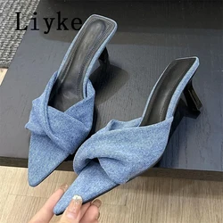 Liyke Fashion Design Pleated Blue Denim Women Slippers Cozy Mules Low Thin Heels Slides Shoes Pointed Open Toe Gladiator Sandals