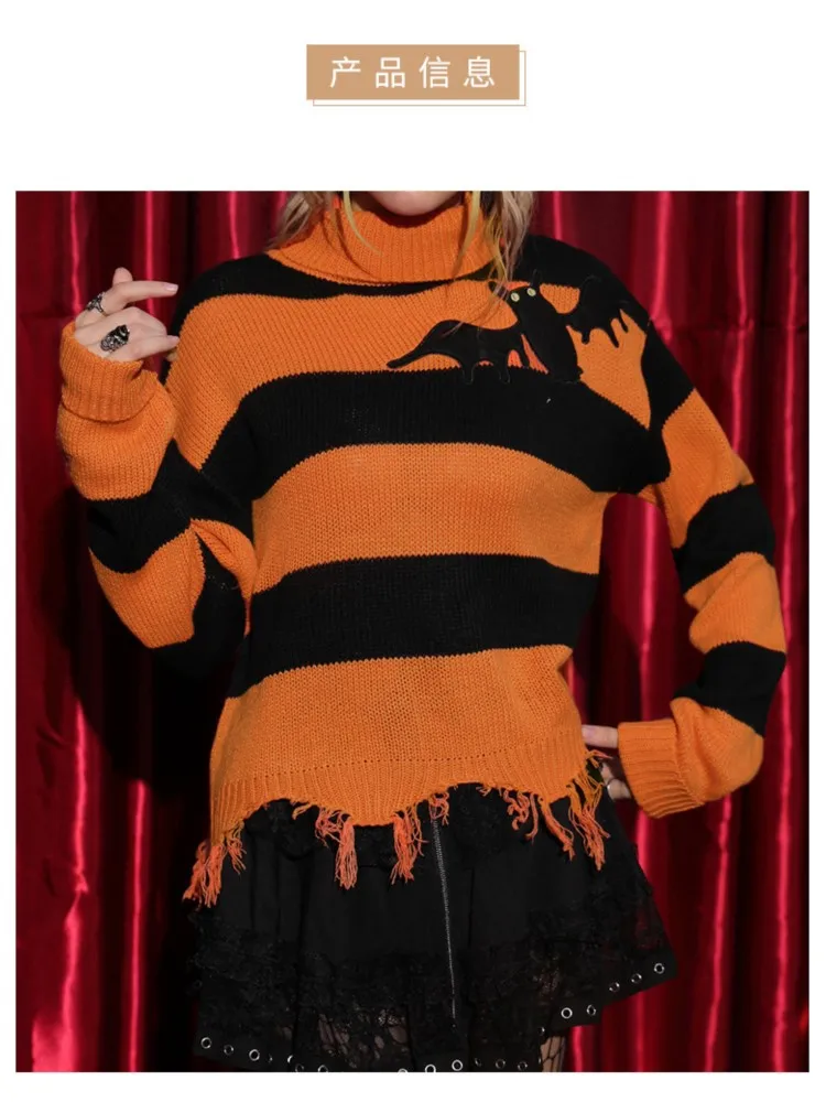 Autumn Winter New High Neck Halloween Style Striped Long-sleeved Loose Sweaters 2025 Women's Holiday Fashion Knitting Sweater