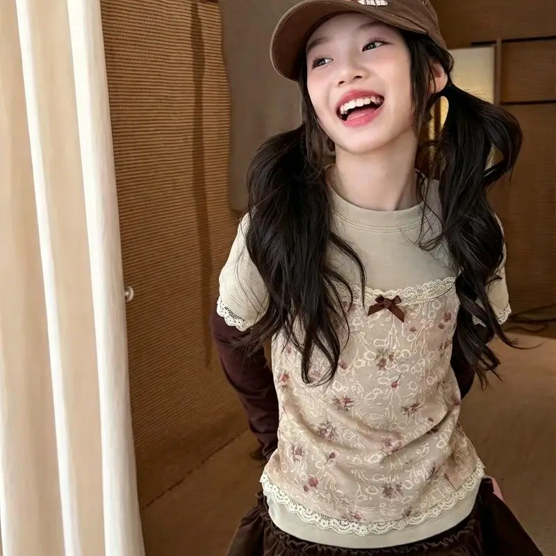 Girls T-shirt 2026 Autumn and Winter New Childrens Clothing Korean Style Girl Baby Design Feeling Sweet Fake Two Floral T-shirts