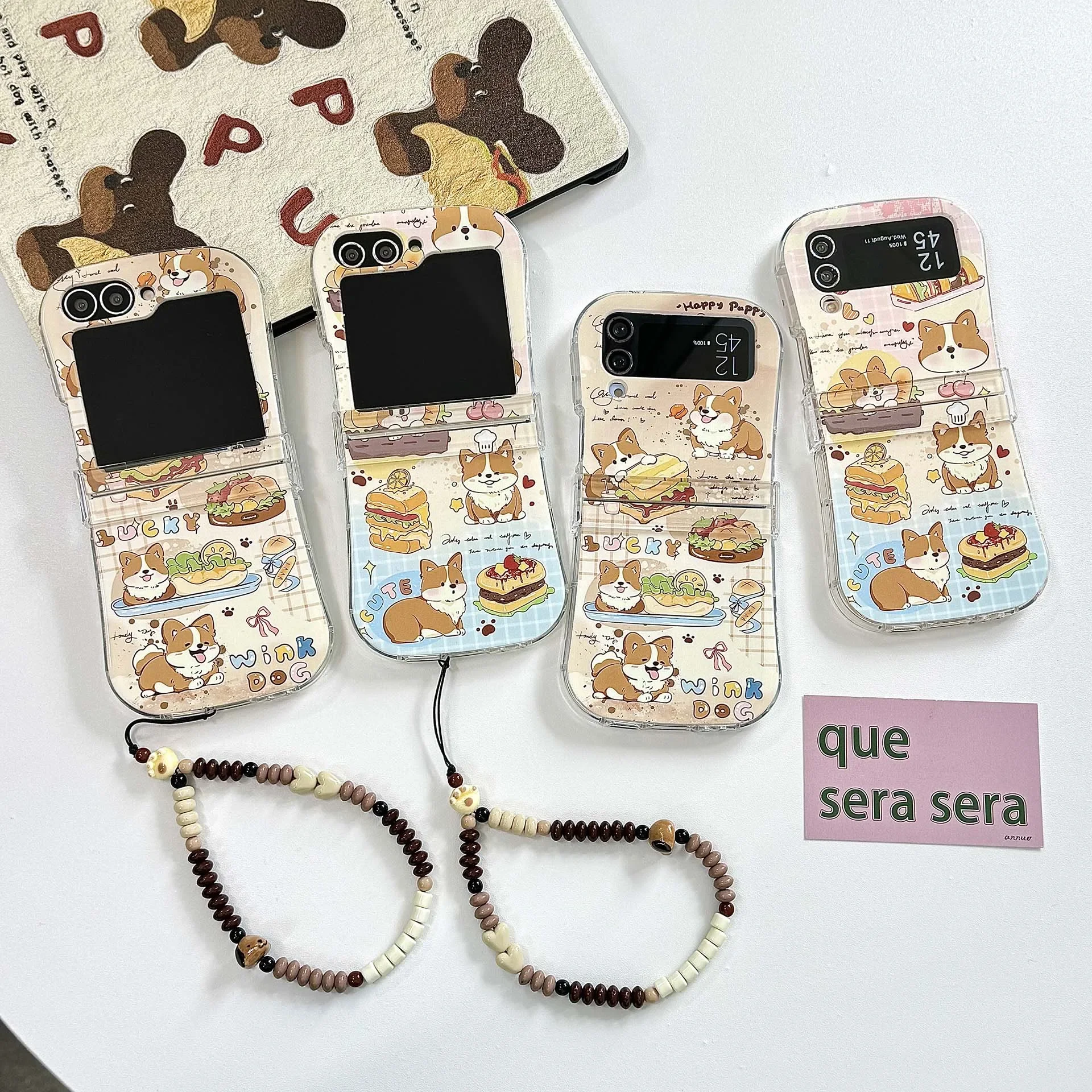 Cartoon Cute Hamburger Shiba Inu with Lanyard Phone Case for Samsung Galaxy Z Flip 3 4 5 6 5G PC Hard Anti-drop Back Cover Funda