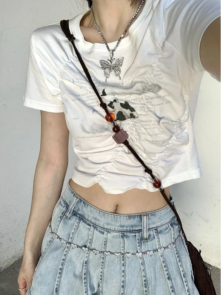 KOSAHIKI Y2k Aesthetic Graphic T Shirts Summer Fairy Grunge Pleated T-shirt Women Letter Print Vintage Slim-fit Tops Sexy Tees