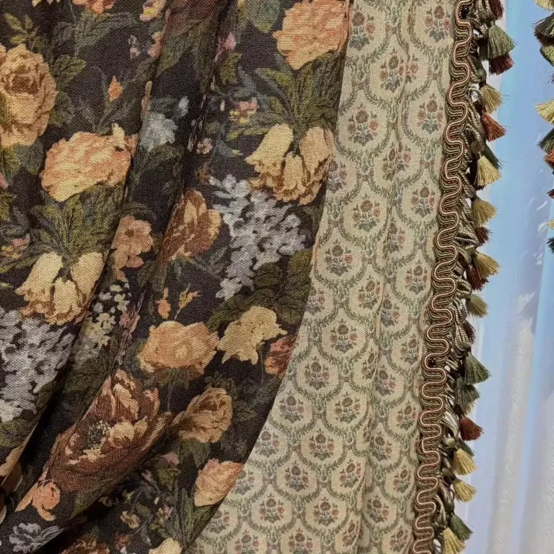 American Retro Oil Painting Green Printing Chenille Partition Curtains for Living Room Bedroom Villa Customized Finished Product