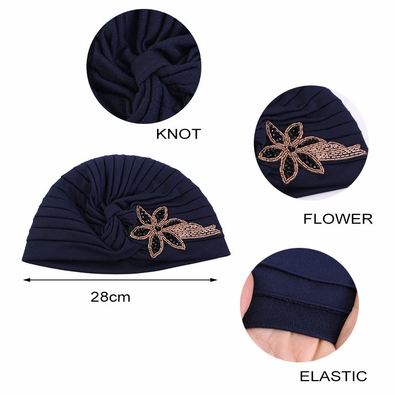 Ladies Rhinestone Flower Turban Hat Muslim Pleated Indian Inner Hijabs Sleep Cap Solid Head Wrap Women Bandana Headwear Boonet