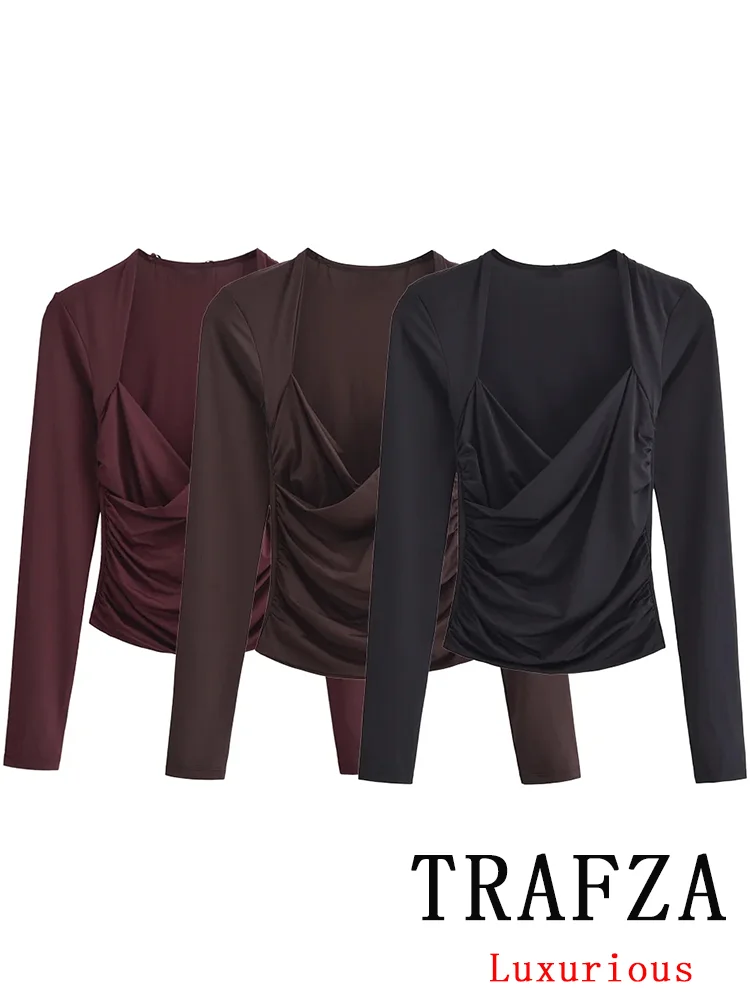 

TRAFZA Vintage Chic Women Solid Tops Long Sleeve Square Collar Short Slim Tops New Fashion 2025 Spring Summer Streetwear Tops