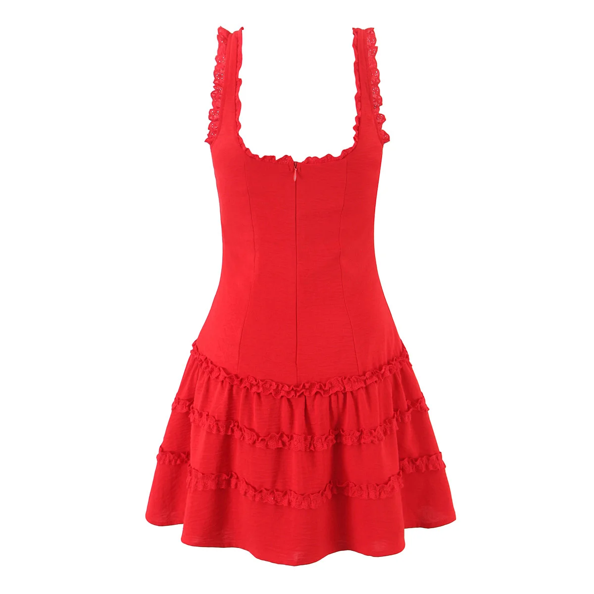 2025 เซ็กซี่สีแดงเปิดปุ่ม Colla Spliced ลูกไม้สายคล้องคอมินิชุดต่ําเอวไม้หู Hem ผู้หญิงแขนกุดฤดูร้อน Robe