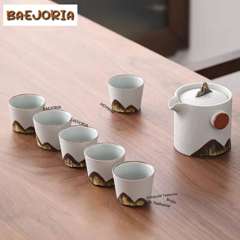 Japanese Hand-painted Mountain Pottery Tea Set Complete Set Ancient Tea Ceremony Set Teapot and Tea Cup Set Chinese Tea Set Gift view 3
