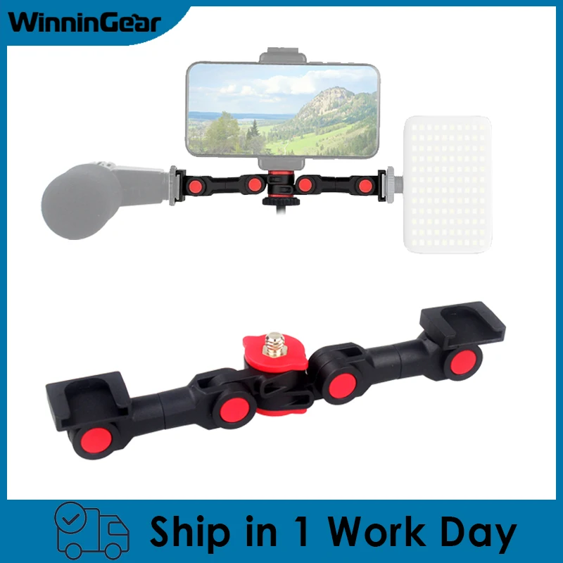 回転式コールドシューマウントアダプター,電話クリップ付きデュアルコールドシューズ延長バーブラケット,カメラ用LEDライトマイク