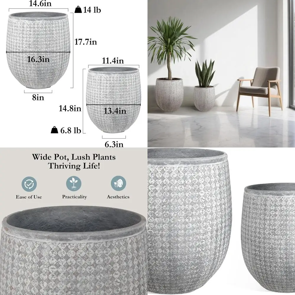 

Пара больших круглых горшков — легкие цементные кастрюли из оксида магния с серым бетоном и дренажными отверстиями для использования в помещении и на улице