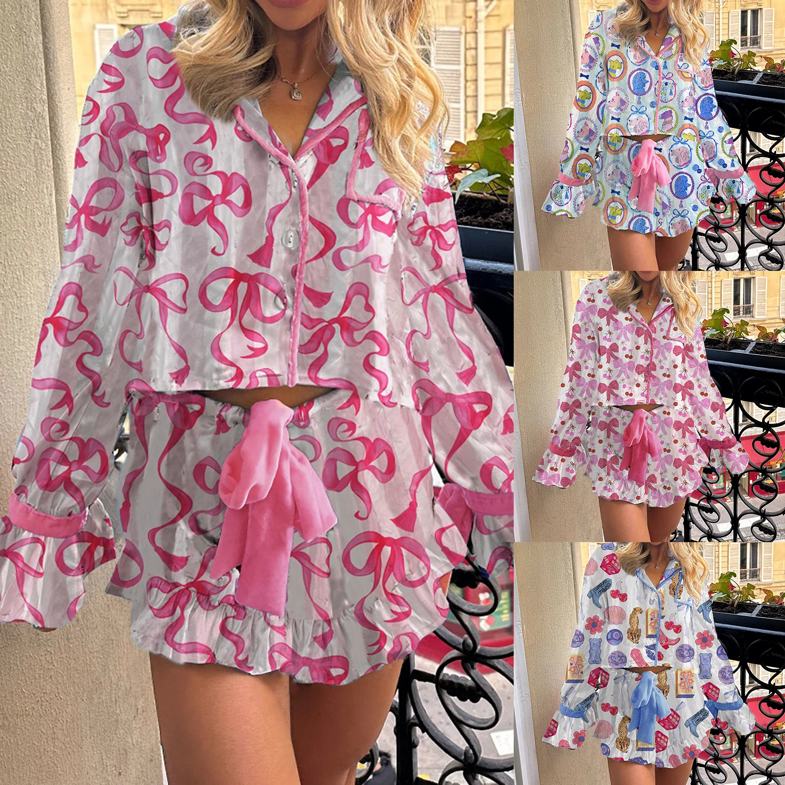 

HEZIOWYUN женский пижамный комплект из 2 предметов с бантом и принтом из бархатной ленты, топы на пуговицах с длинными рукавами + шорты с рюшами, одежда для дома, наряд