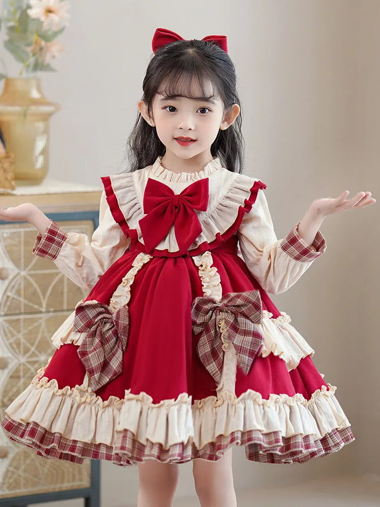 Children Birthday Princess Dress Girls2024New Autumn Lolita Dresses Western Style Bubble Skirt