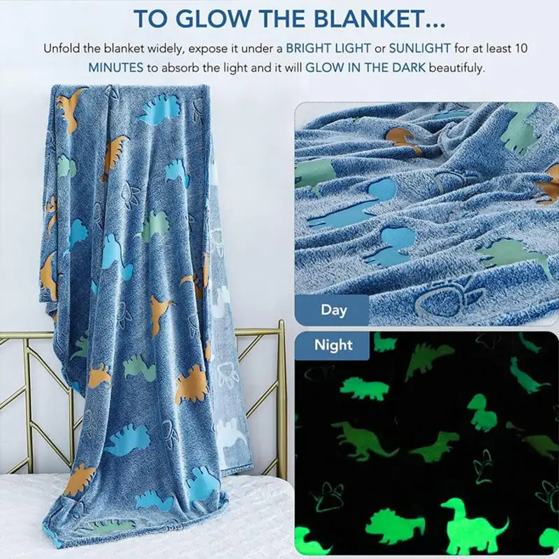 New Dinosaur Luminous Blanket Soft Cozy Flannel Throw Blanket Double-Sided Cartoon Dinosaur Glow Blanket for Kids Magic Gift